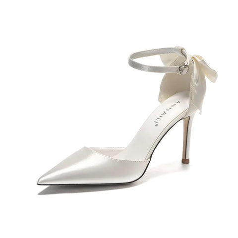 Neue High Heels Damen Dünne Fersenriemen Satin Weiß Hochzeitsschuhe Schmetterling Brautschuhe 