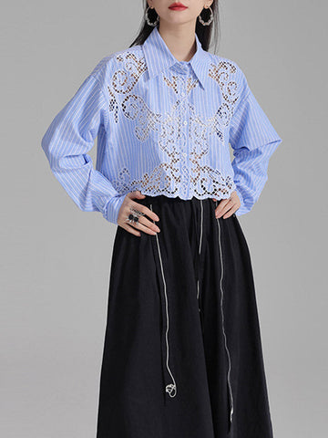 Lange Ärmel Lose Geknöpft Hohl Einfarbig Revers Blusen &amp; Hemden Tops 