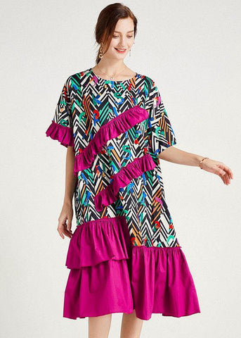 Elegant Orange Print Loose Ruffles Summer Long Dresses