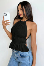 Chiffon Ruched Halter Tie Back Chic Tank Top