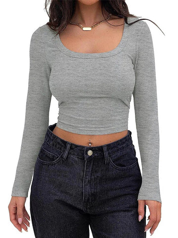 Women's Long Sleeve Square Neck Crop Top Ribbed Slim Fitted Y2K Casual T-Shirt Tops