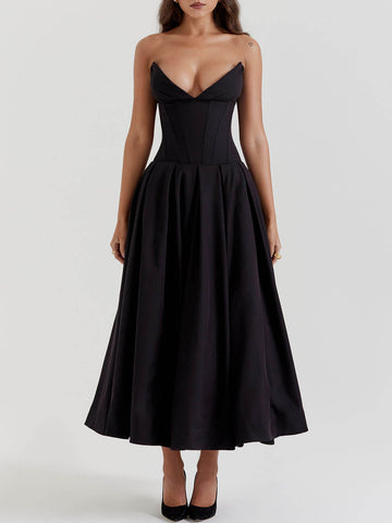 Vestido midi negro sin tirantes 