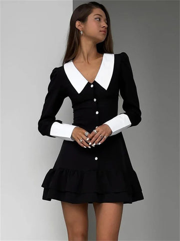 Tossy Vintage Kontrast Mini Kleid Weibliche Rüschen Patchwork Revers Elegante Club Kleid Bandage Langarm Mode Dünnes Kleid 2023 