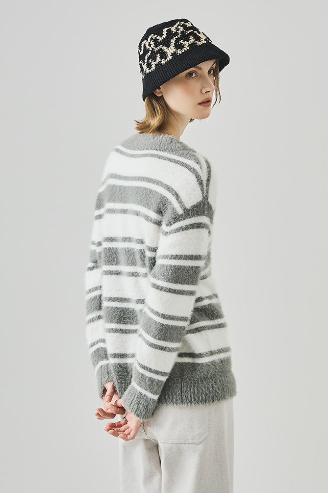 Striped V Neck Loose Long Sleeve Knit Sweater