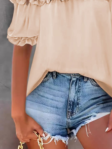Blusas y camisas sueltas de manga corta con volantes plisados ​​y ribetes de color liso con hombros descubiertos 
