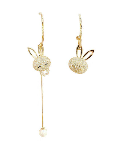 Mode Gold Sterling Silber Overgild Zirkon Asymmetrie Kleine Kaninchen Quaste Tropfen Ohrringe 