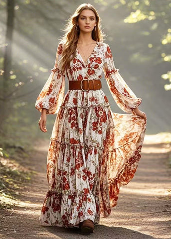 Rotes geblümtes Kleid aus Baumwolle mit extra großem Saum und Laternenärmeln 