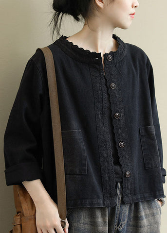 Boho Schwarzer lässiger Jeansmantel mit Knopfstickerei 