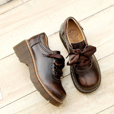 Zapatos Oxford con cordones y cinta para mujer, de piel auténtica dividida, estilo retro, planos, novedad 
