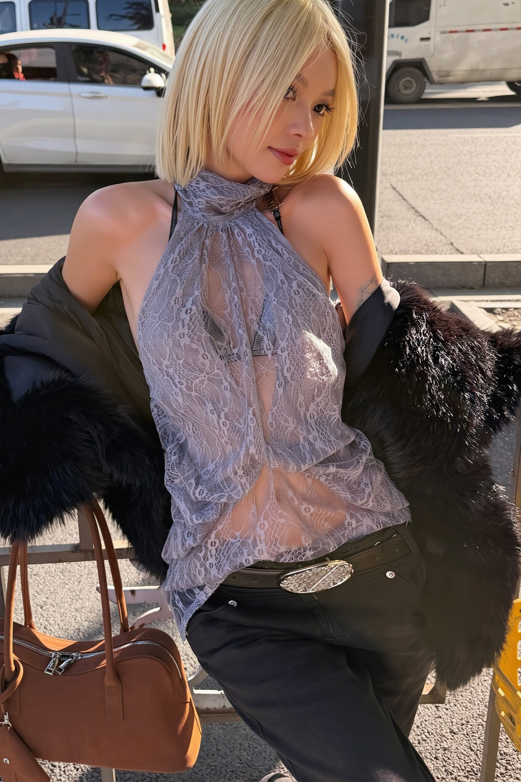 Elegant Irregular Sheer Lace Halter Top