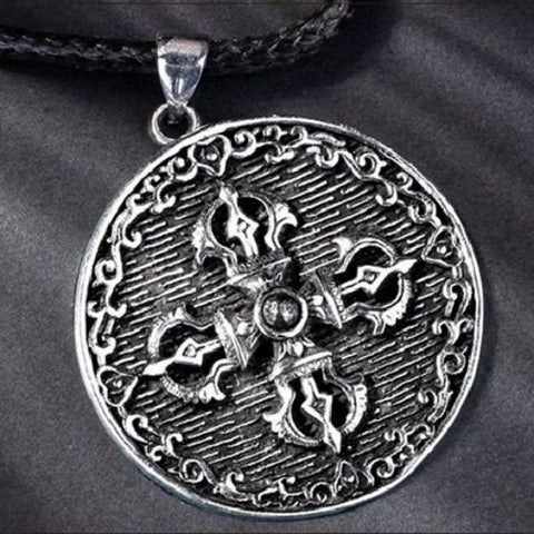 Sterling Silver Cross Vajra Pestle and Mortar Back Cloud Round Demon Surrender Pendant Necklace