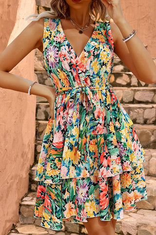 Floral V-Neck Lace Up Layered Hem Sleeveless Mini Dress