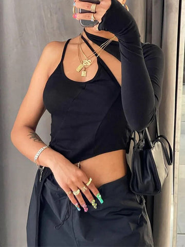 2024 herbst Frauen Solide Slip Halter One-Shoulder Asymmetrische Aushöhlen Schwarz Crop Top Streetwear Sexy Club Tops T-shirts 