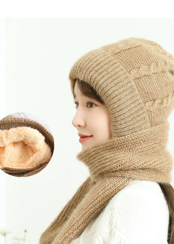 Edles, kaffeebraunes, dickes, warmes Fleece-Set mit Mütze und Schal 