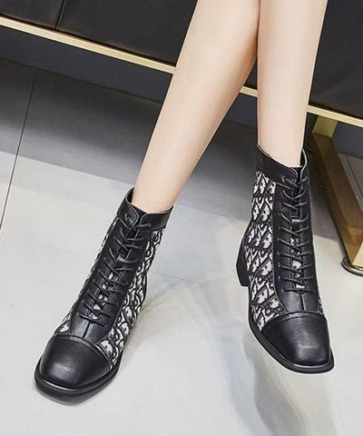 Botas gruesas de piel sintética negra con cordones para mujer 