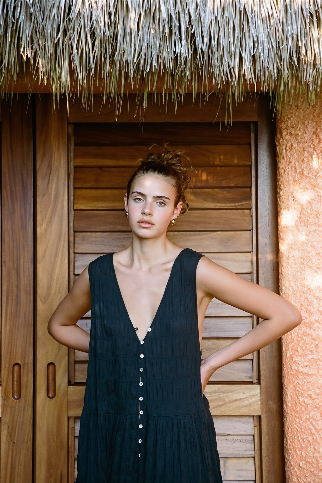 Sexy Solid Chiffon V Neck Button Swing Maxi Dress