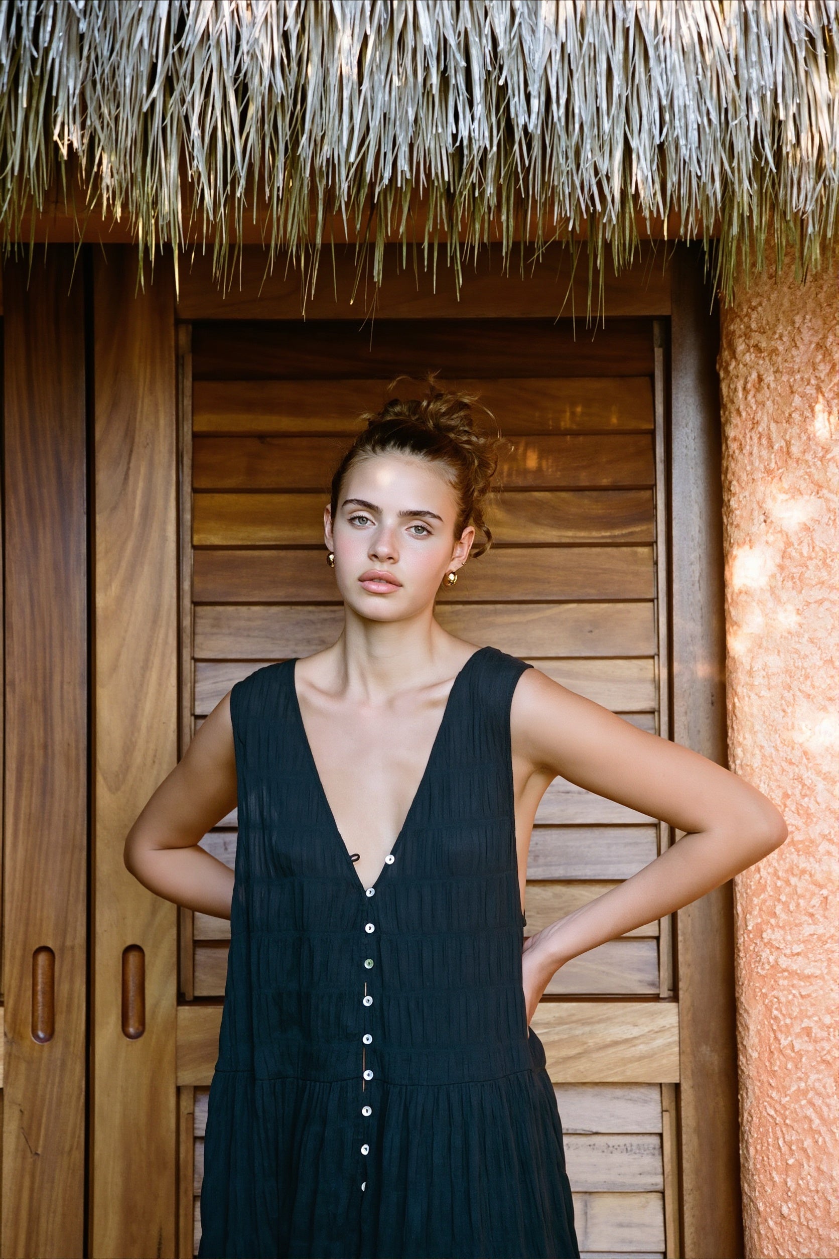 Sexy Solid Chiffon V Neck Button Swing Maxi Dress