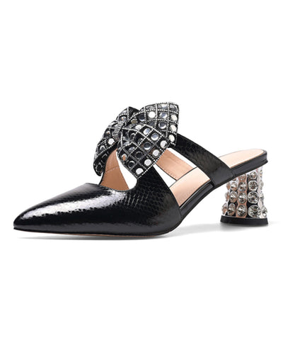 Schwarze, elegante Sandalen mit Schleife und Zirkonia 