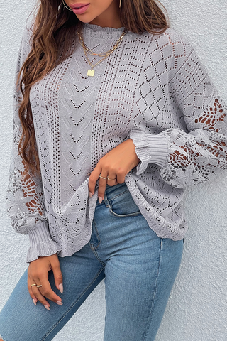Casual Solid Lace Hollowed Out O Neck Tops Sweater(4 Colors)