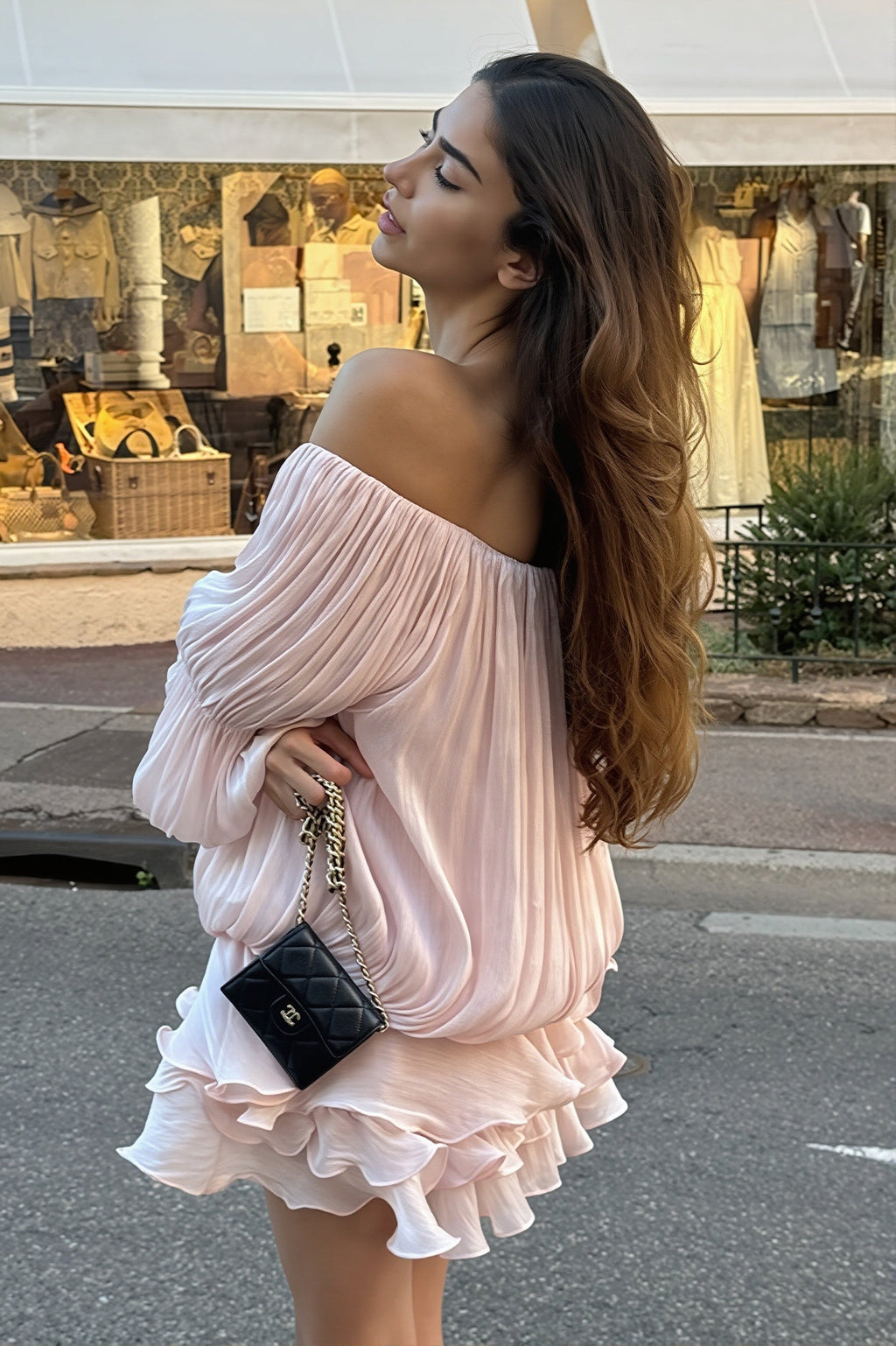Off Shoulder Ruffle Shiny Fabric Mini Dress