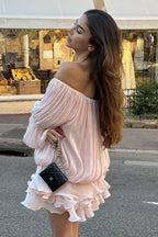 Off Shoulder Ruffle Shiny Fabric Mini Dress