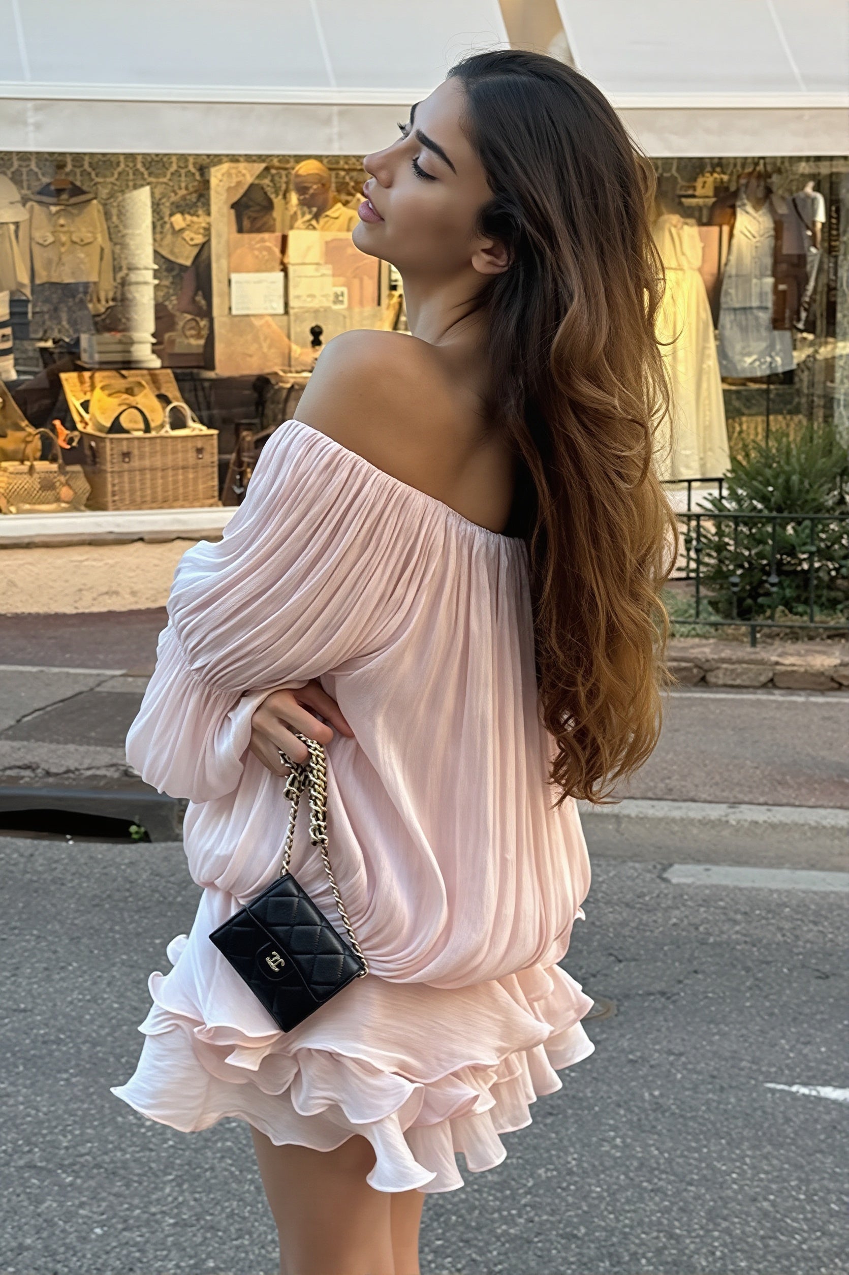 Off Shoulder Ruffle Shiny Fabric Mini Dress