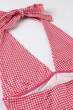 Plaid Deep V Tie Waist Halter Top
