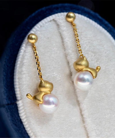Chinese Style Gold Sterling Silver Overgild Pearl Little Cat Drop Earrings