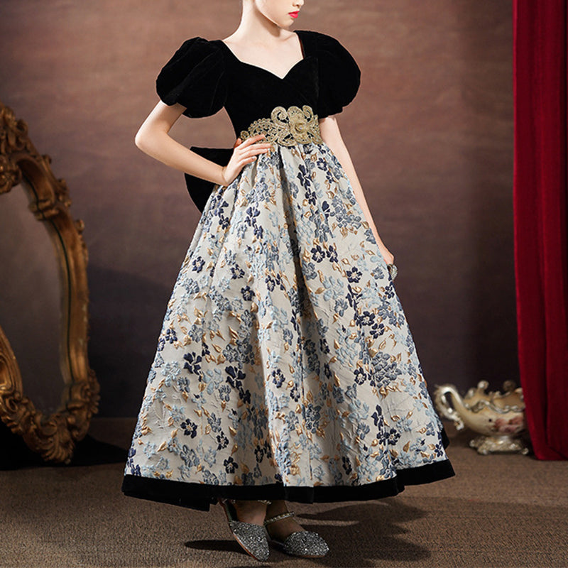 Kommunionkleid für Kleinkinder, Mädchen, Taufe, Retro-Print, große Schleife, Prinzessinnenkleid 