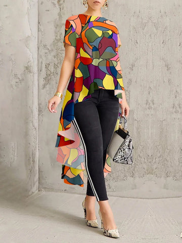 High-Low Loose Contrast Color Printed Round-Neck T-Shirts Tops