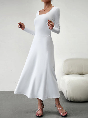 Vestidos midi de corte A, cintura alta, color liso, cintura anudada y cuello en U 