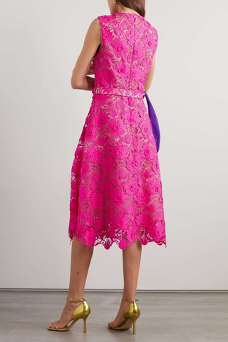 Vestido midi con cinturón y encaje bordado Afra 