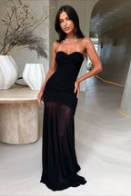 Mesh Patchwork Strapless Shirred Backless Bodycon Maxi Dress