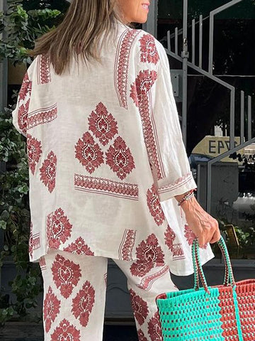 Women's Two-piece Set with Ethnic Print Cardigan Top and Elastic-waisted Trousers