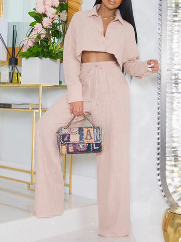 Conjunto de dos piezas de blusa de manga larga de color liso y pantalón ancho de cintura alta con cordón elástico 