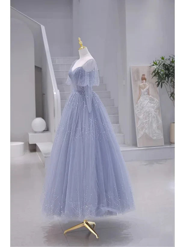 Glitzerndes Tüll-Abendkleid mit kurzen Ärmeln, langem Sweetheart-Ausschnitt, A-Linie, Blaues Ballkleid