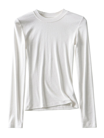 Camiseta de algodón de punto para mujer, informal, ajustada, elástica, con cuello redondo y manga larga, 2024 