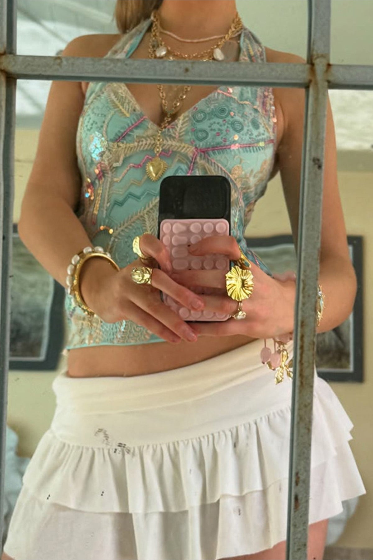 Sequin V Neck Tie Back Halter Top