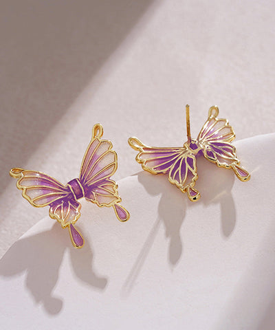 Chic Purple Sterling Silver Overgild Drip Glaze Butterfly Stud Earrings