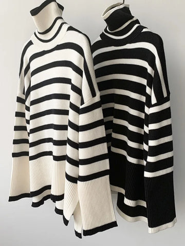 Tossy Winter Women's Striped Turtleneck Oversized Sweater – 2023 New Autumn Collection