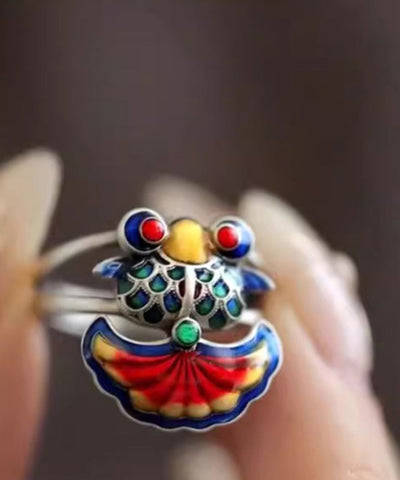 Anillos vintage de plata de ley con brocado de arcoíris y esmalte de carpa 