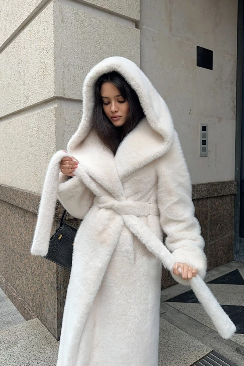 Faux Mink Fur Long Hooded Belted Plush Overcoat