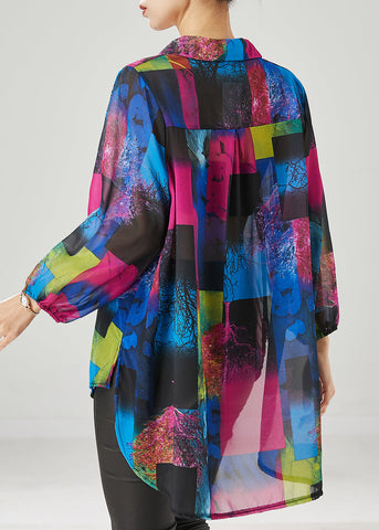 Französisch Lila Oversized Print Chiffon Shirt Tops Frühling 