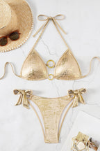 Gold Shiny Metal Decor Tie Bikini Set