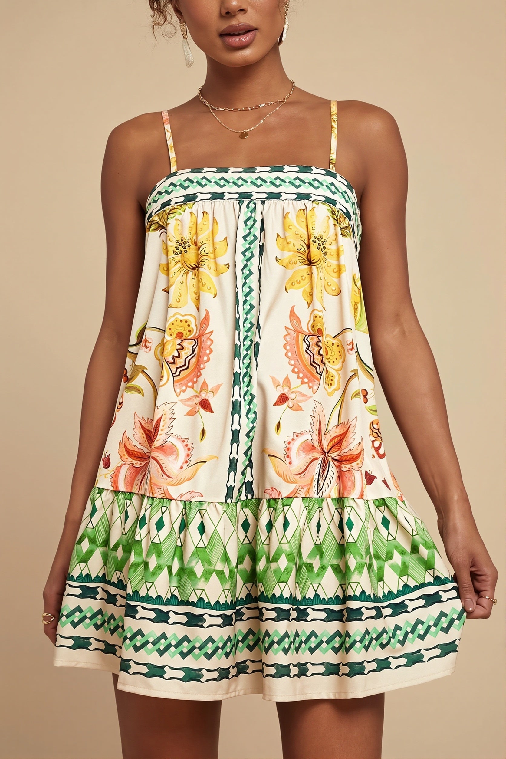 Palm Bird Print Loose Fit Cami Mini Dress