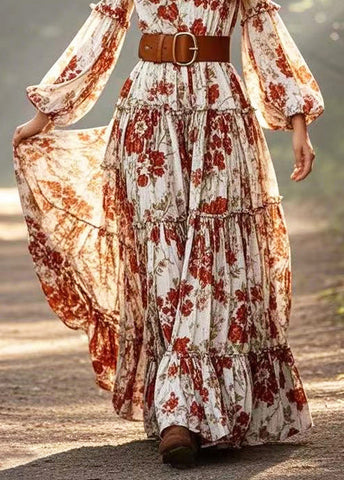 Rotes geblümtes Kleid aus Baumwolle mit extra großem Saum und Laternenärmeln 