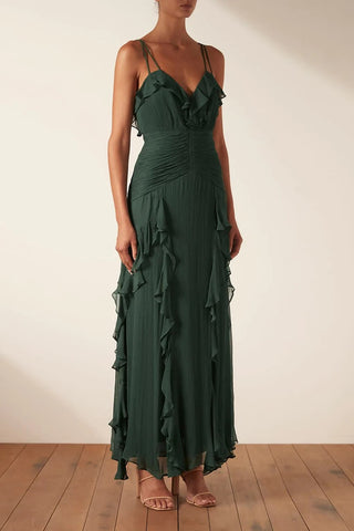 Vestido largo camisola con volantes en el bajo verde 