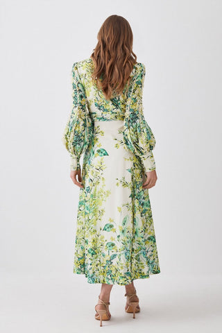 Printed Lantern Sleeve V-Neck Buckle Waist Midi Dress
