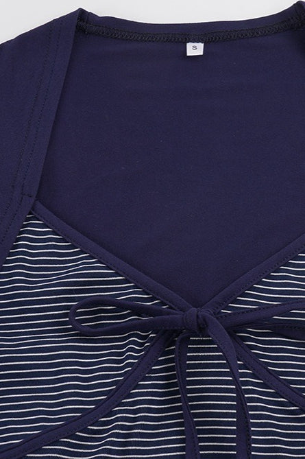 Striped Color Block Tie Fake Two Blouse