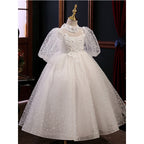 Vestido de niña de las flores para primera comunión, blanco, de princesa, de manga larga y esponjoso. 